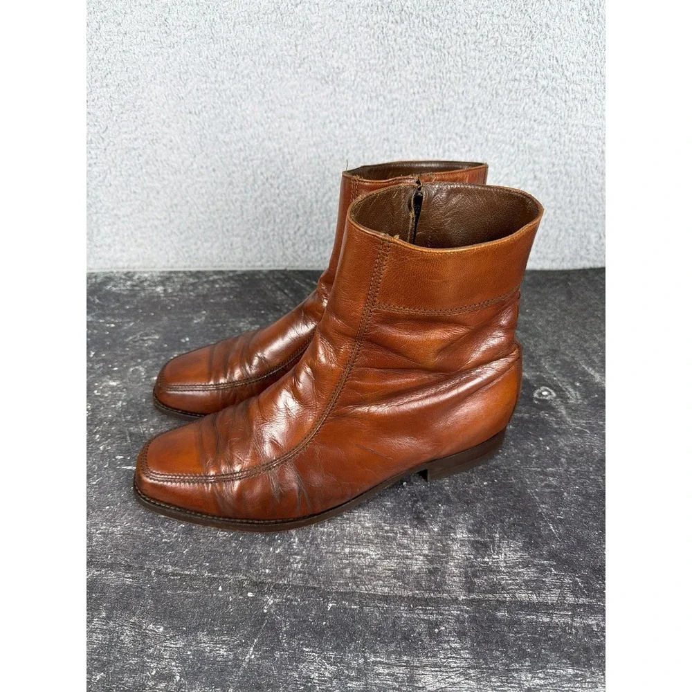 Florsheim Vintage Brown Leather Side Zip Ankle Boots Men's US 12 D Moc Toe